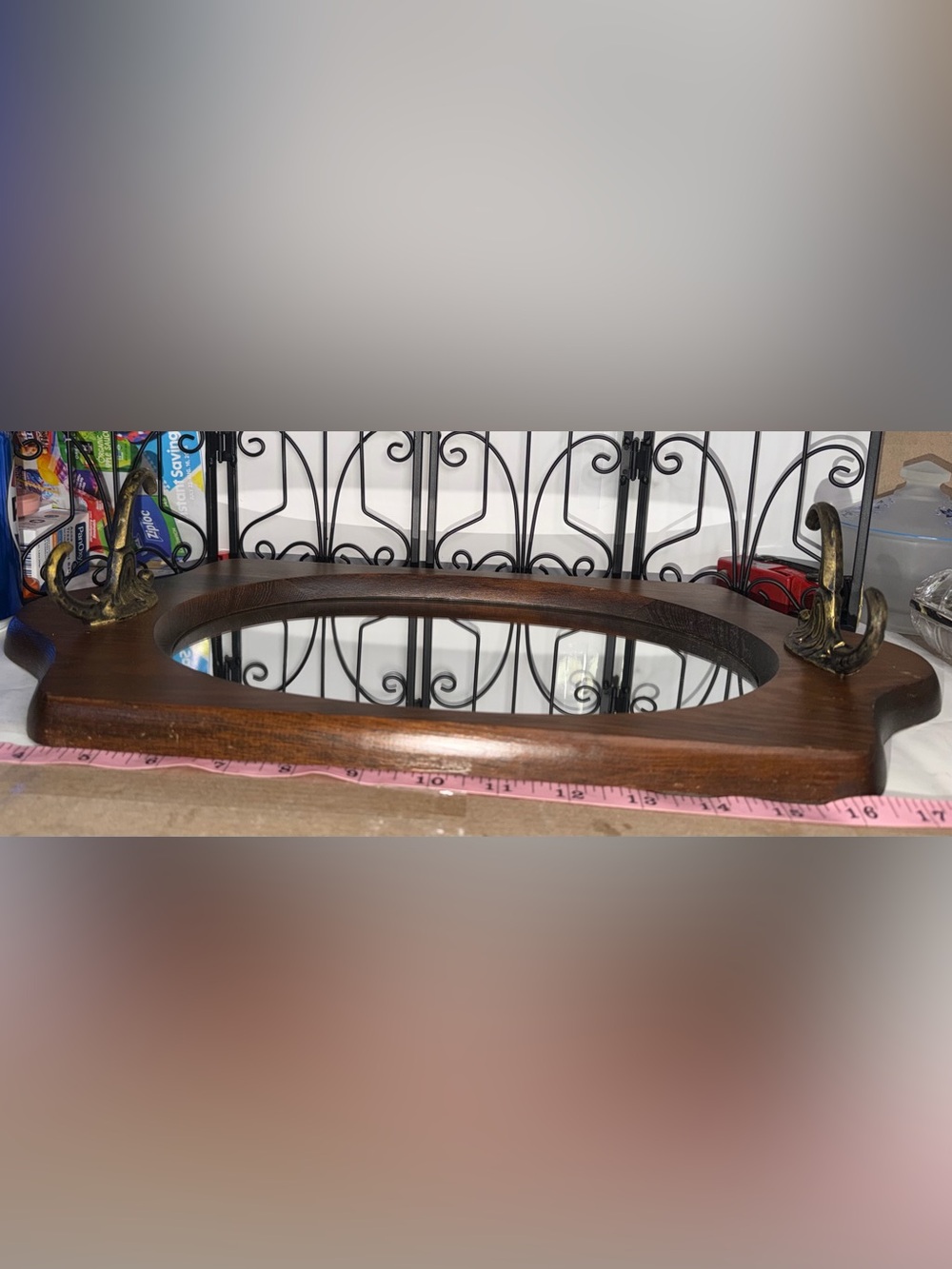 Vintage Wood Oval Wall Mirror with Ornate Brass Coat Key Hooks Entryway Decor - Picture 8 of 9